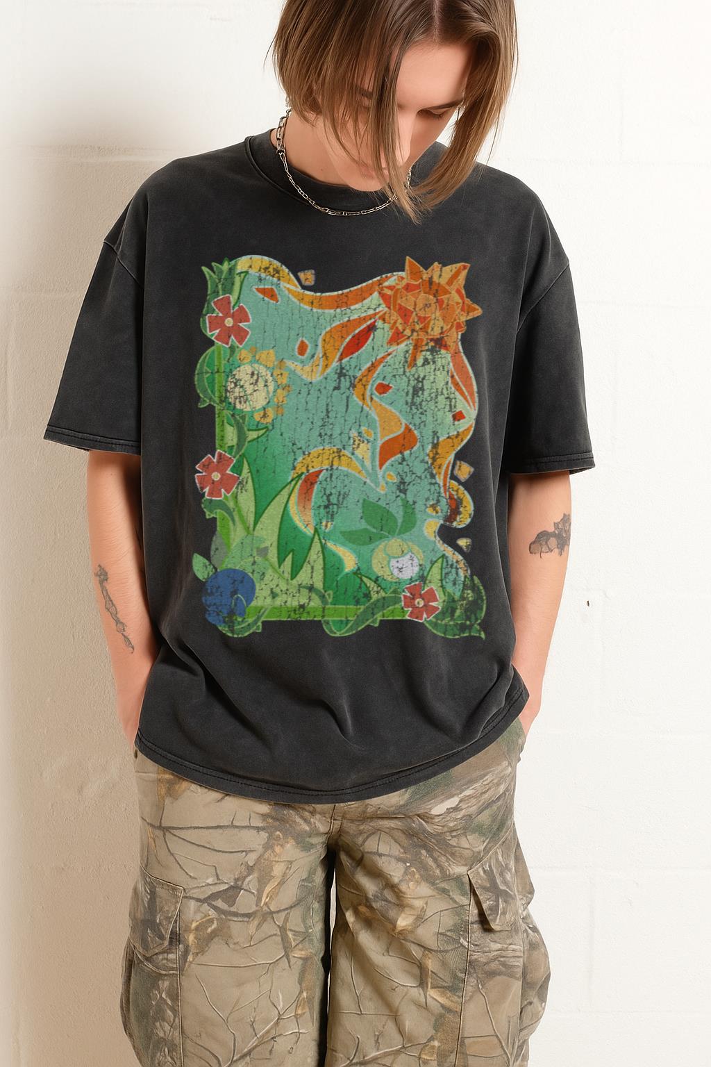 Acidwash Pokemon Sun Stone T-Shirt | Bellossom & Sunflora