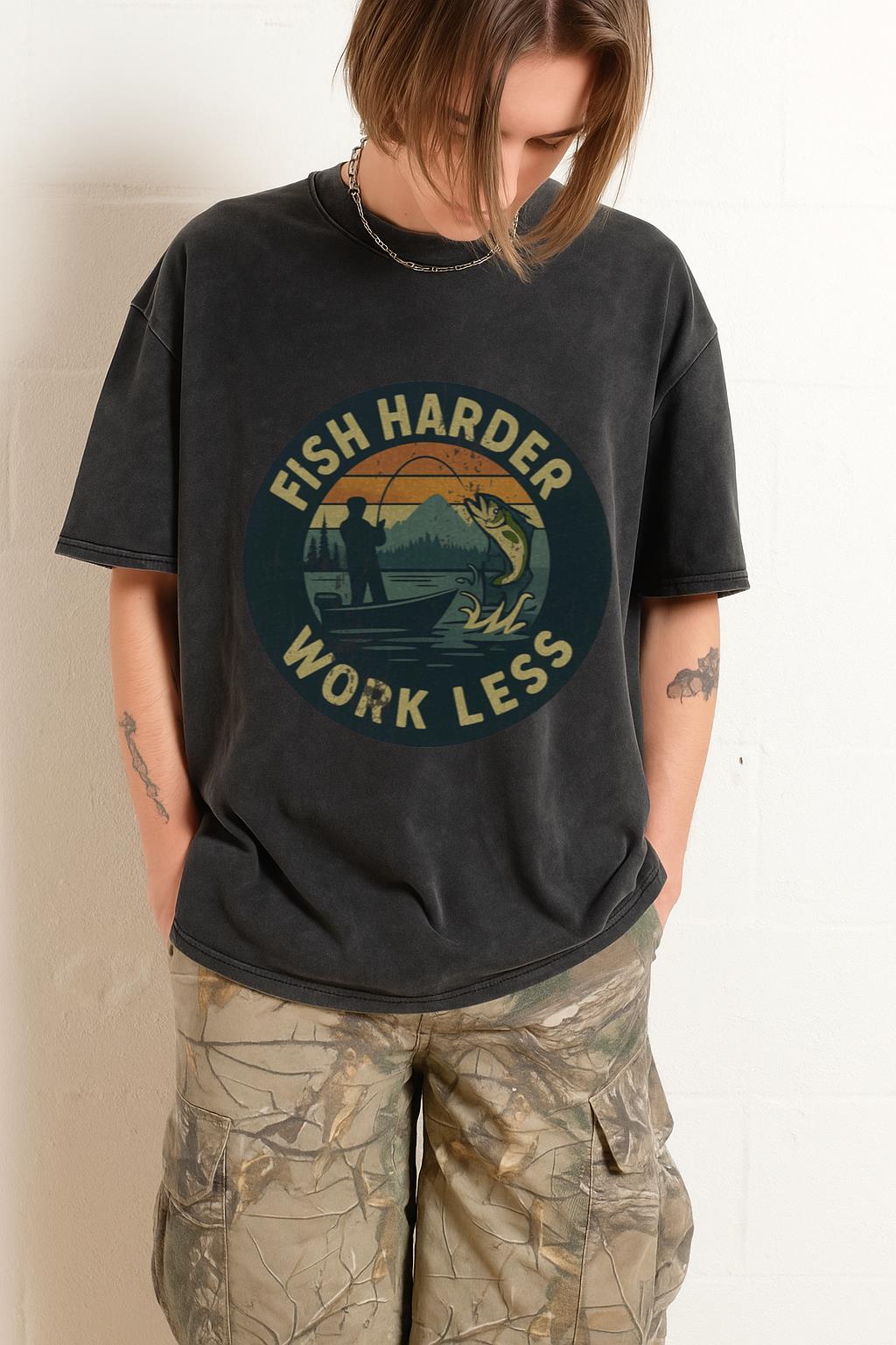 Fish Harder Work Less T-Shirt | Funny Fishing Gift for Anglers